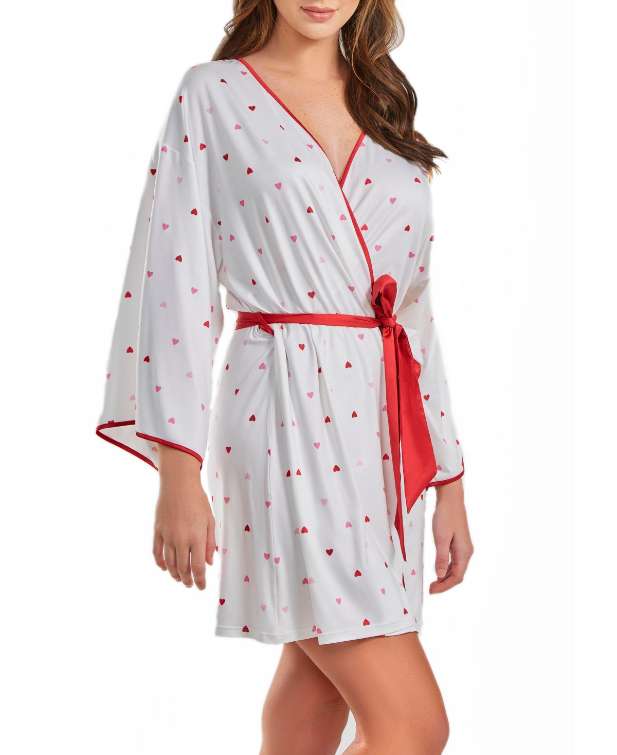 Icollection Women's Kyley Heart Print Robe With Contrast Self Tie Sash And Red Trim In White-red