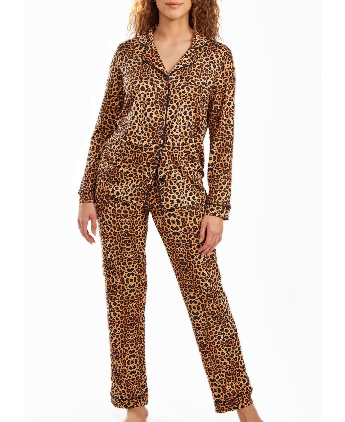 Icollection Women's Chiya Modal Leopard Pajama Pant Set With Button Down Collar, 2 Piece