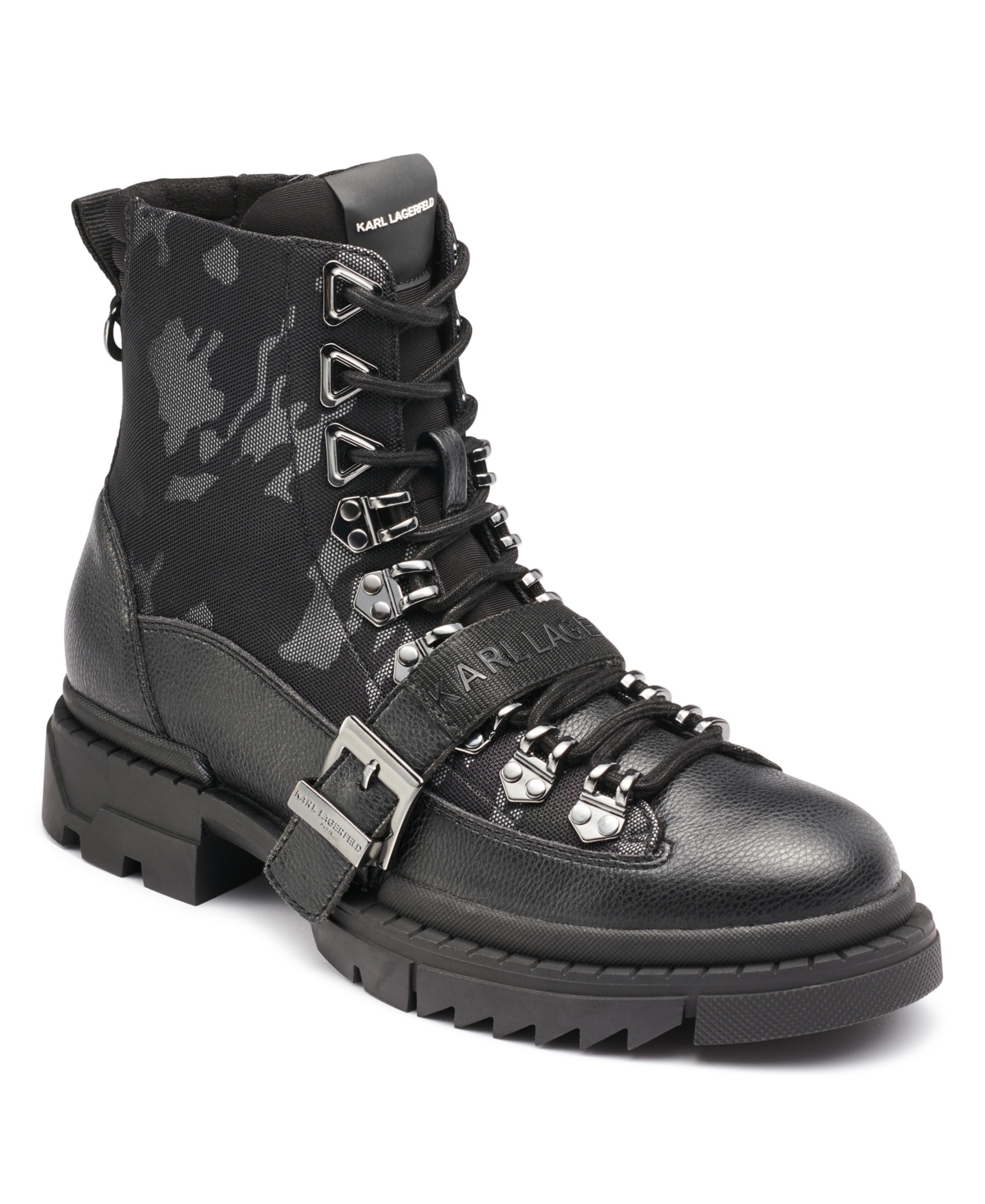 Karl Lagerfeld Men's Camo Front Logo Strap Buckle Lug Sole Boot - Black, Charcoal