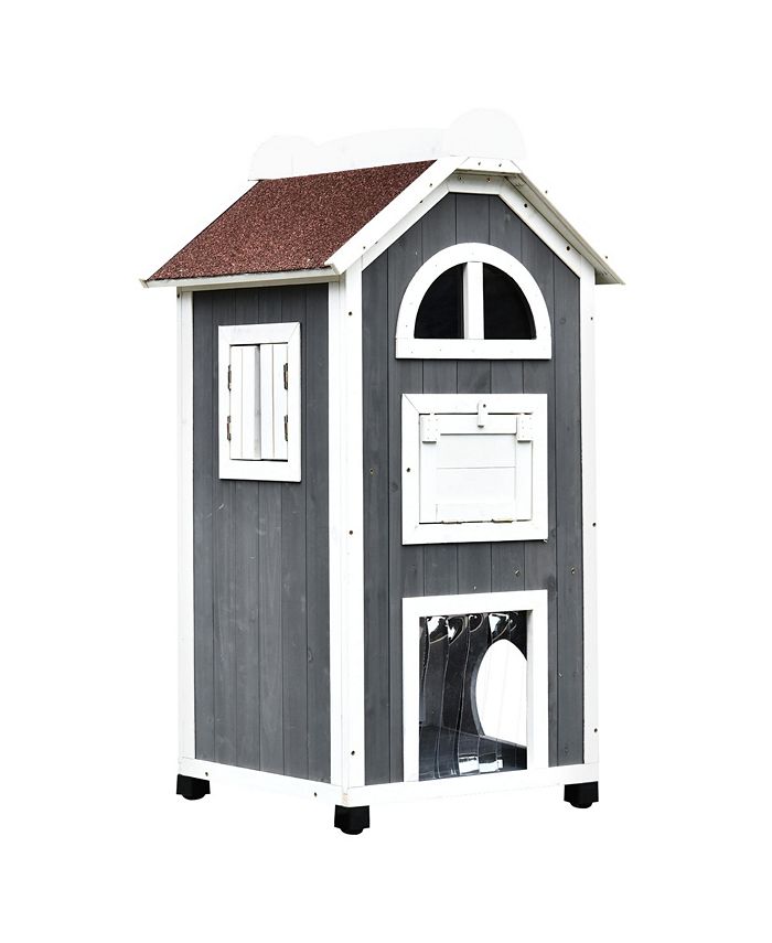 PawHut Wood Cat Condo Furniture 2Floor Pet Shelter Grey and White, 43" H Macy's