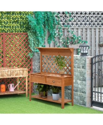 Garden Potting Bench Table Outdoor Wooden Workstation w/ Metal Screen
