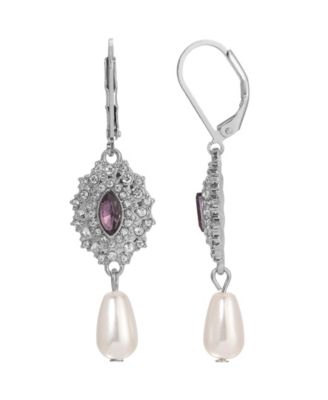 Silver-Tone Colored Stone Imitation Pearl Earrings