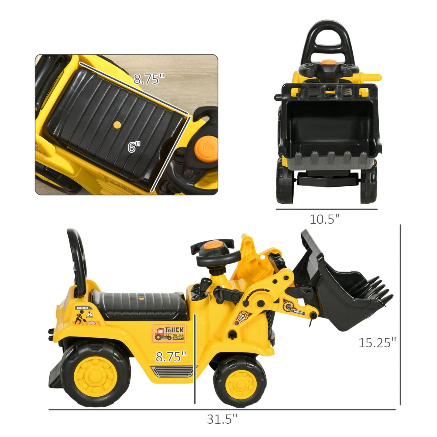 Детская игрушка Homcom Ride-On Tractor 2-in-1 Front Loader, 31.5" L x 10.5" W, 66 lbs., Ages 18-48 Months — фото 9