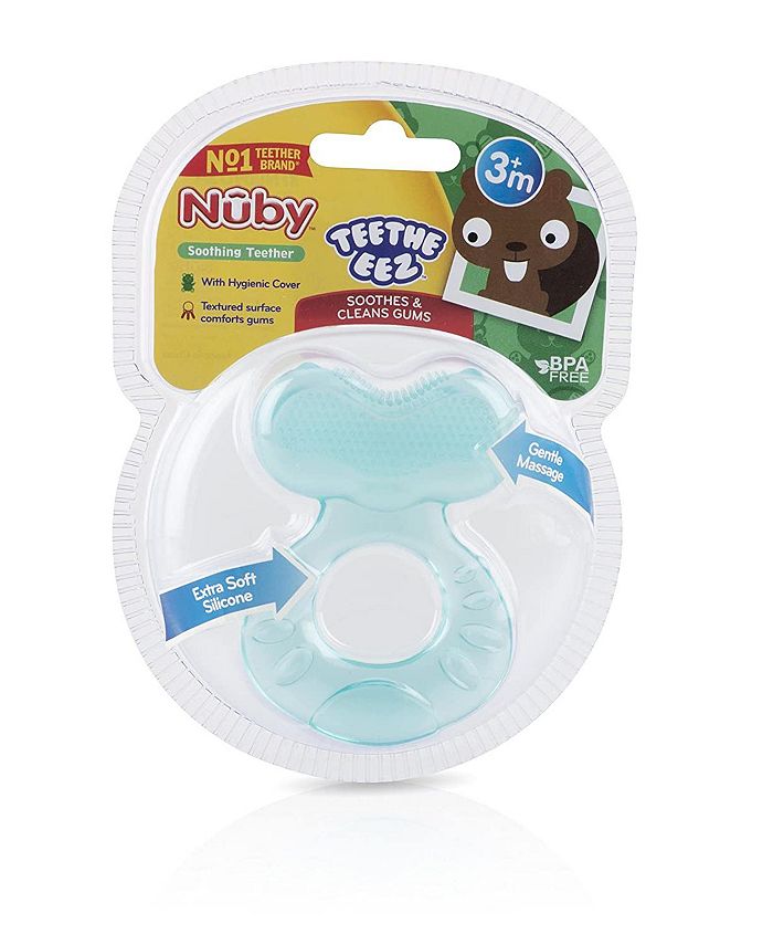 Nuby Silicone Teether with Bristles, Includes Hygienic Case, Blue, 2