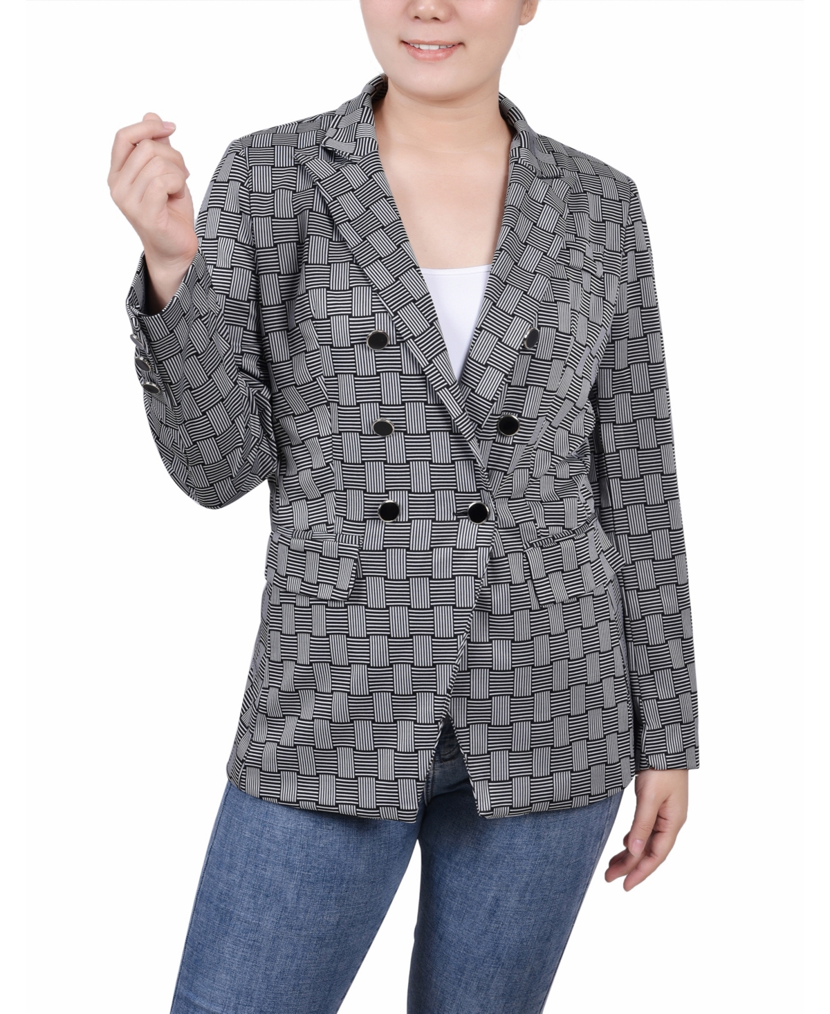 Petite Printed Double Breasted Blazer - Black White Plaid