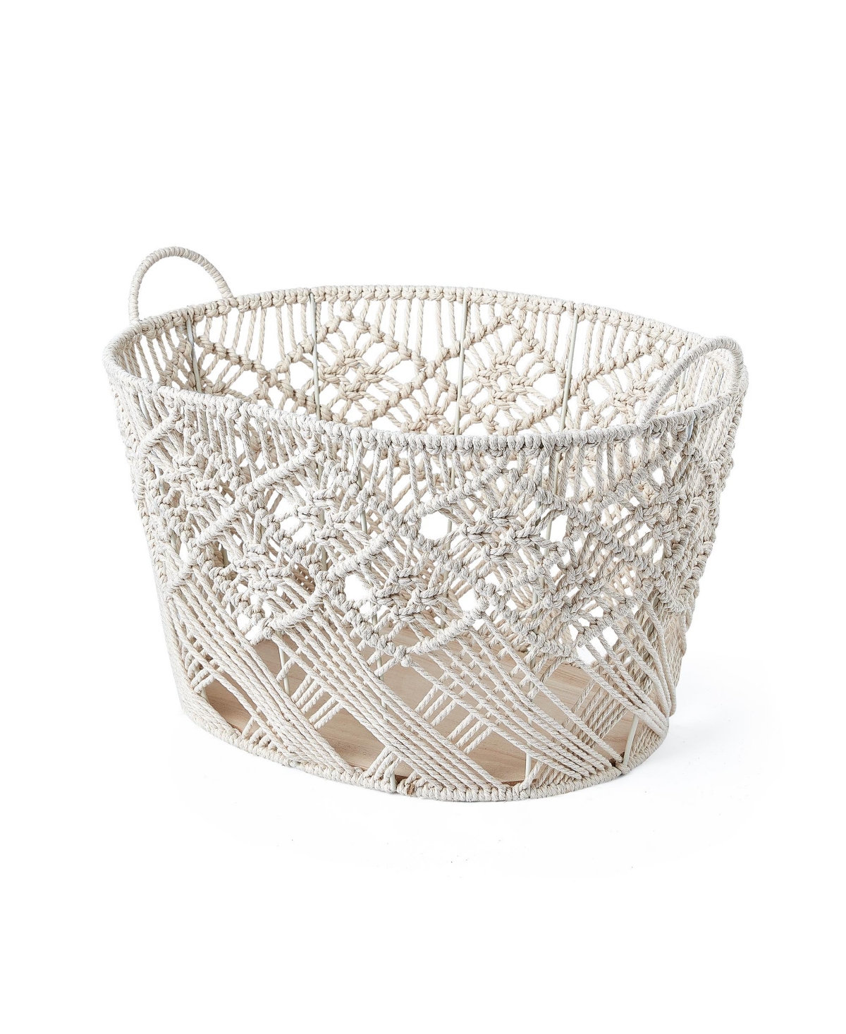 Shop Baum Macrame Oval Cotton Rope Storage Bins With Ear Handles And Wood Base, Set Of 3 In White