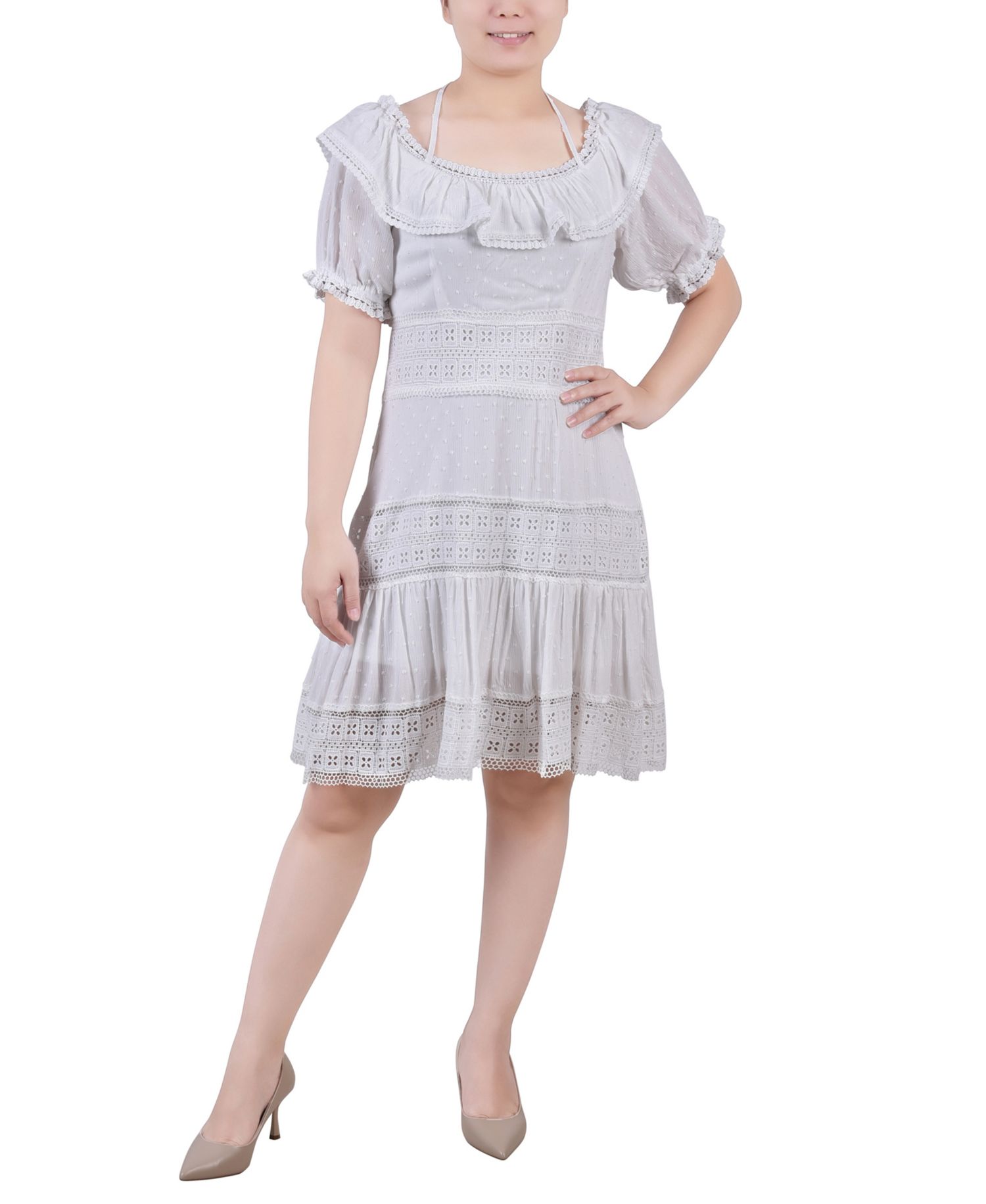 Petite Short Sleeve Ruffle Neck Dress