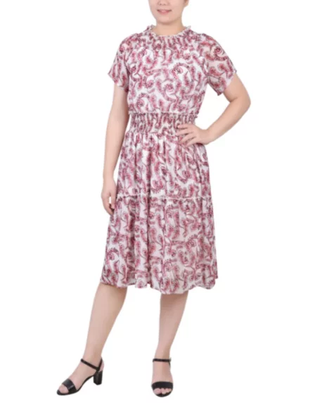 Petite Short Sleeve Smocked Waist Dress - Burgundy Paisley Floral