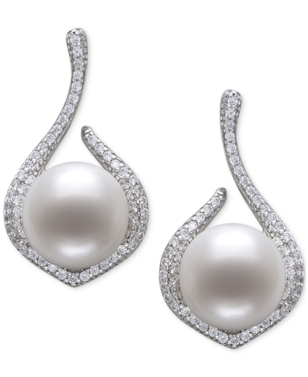 Belle de Mer Cultured Freshwater Button Pearl (10-11mm) & Cubic Zirconia Drop Earrings - Sterling Silver