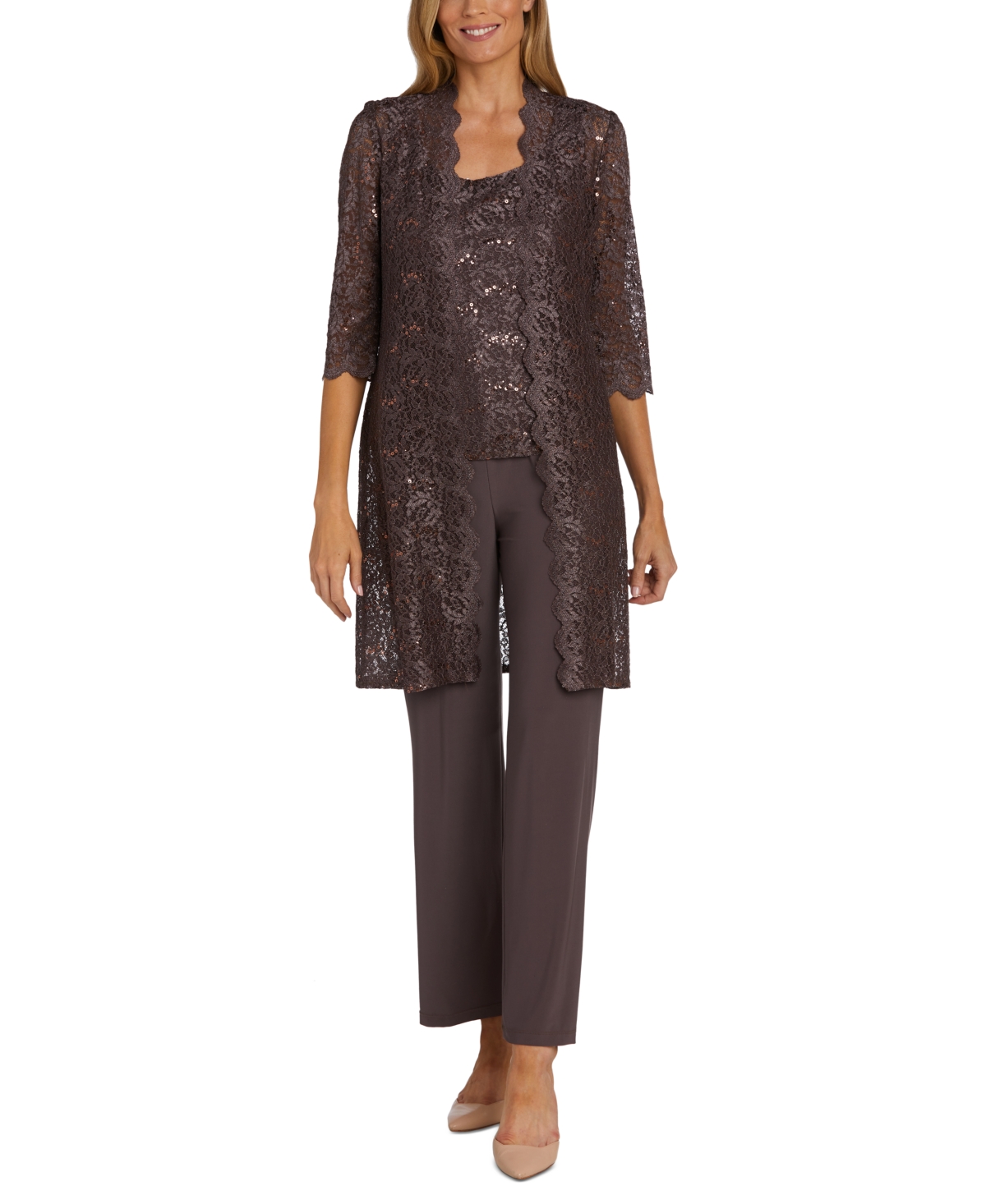 R & M Richards Petite 3-pc. Sequined-lace Jacket, Top & Pants In Fig