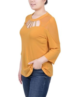 Petite 3/4 Sleeve Top with Neckline Cutouts and Stones