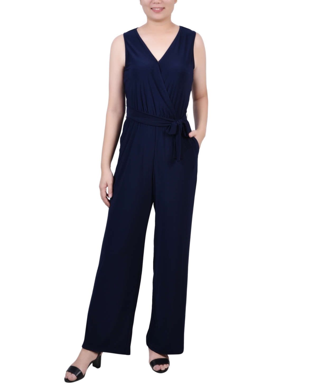 Shop Ny Collection Petite Short Sleeveless Belted Jumpsuit In Navy