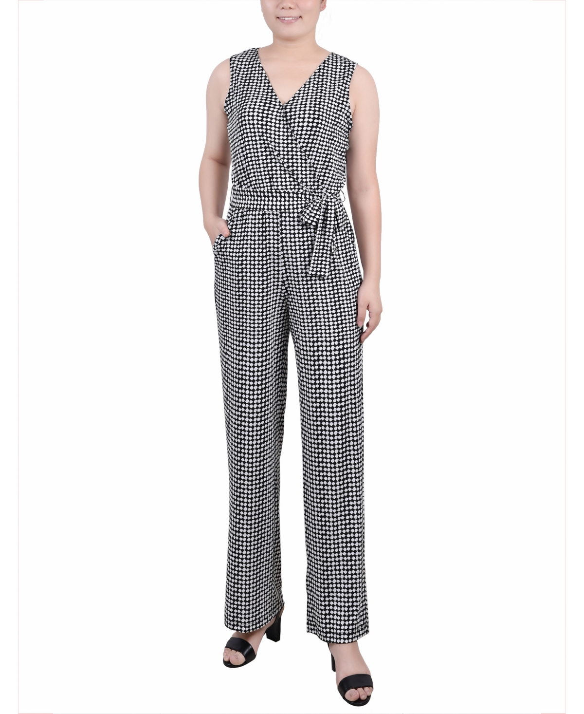 Ny Collection Petite Short Sleeveless Belted Jumpsuit In Jet Snowpop