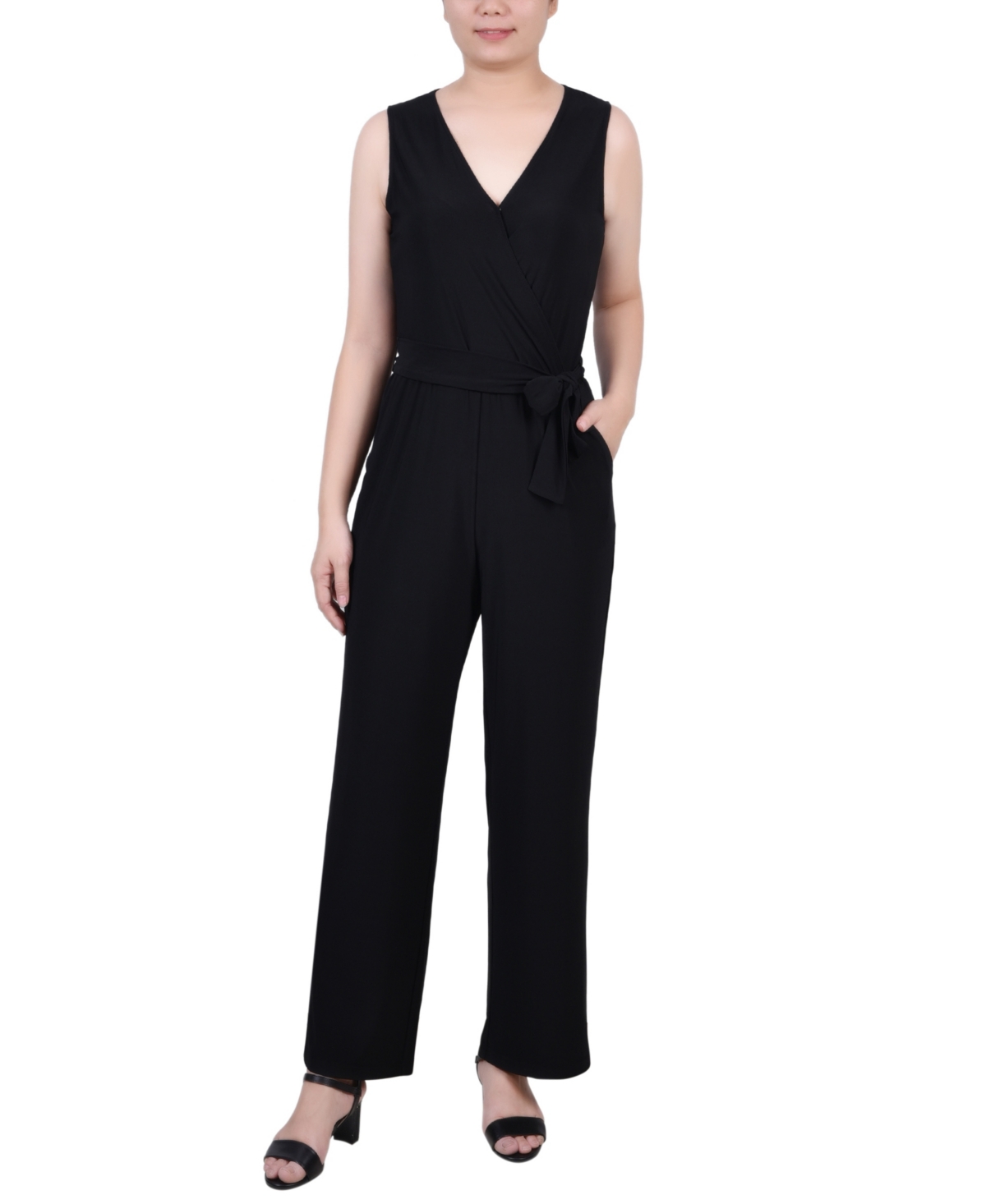NY COLLECTION PETITE SHORT SLEEVELESS BELTED JUMPSUIT