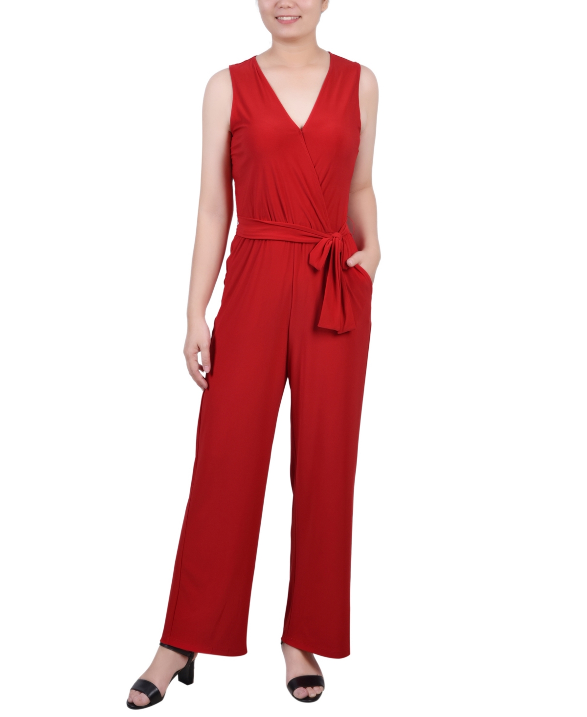 Shop Ny Collection Petite Short Sleeveless Belted Jumpsuit In Barbados Red