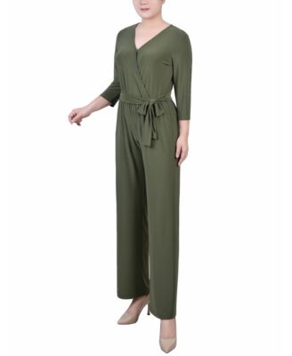 Petite Short 3/4 Sleeve Belted Wide Leg Jumpsuit