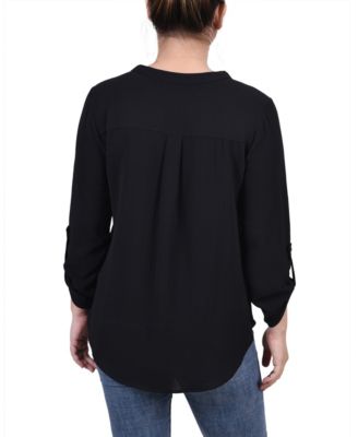 Petite 3/4 Sleeve Mandarin Collar Blouse with Front Pleats