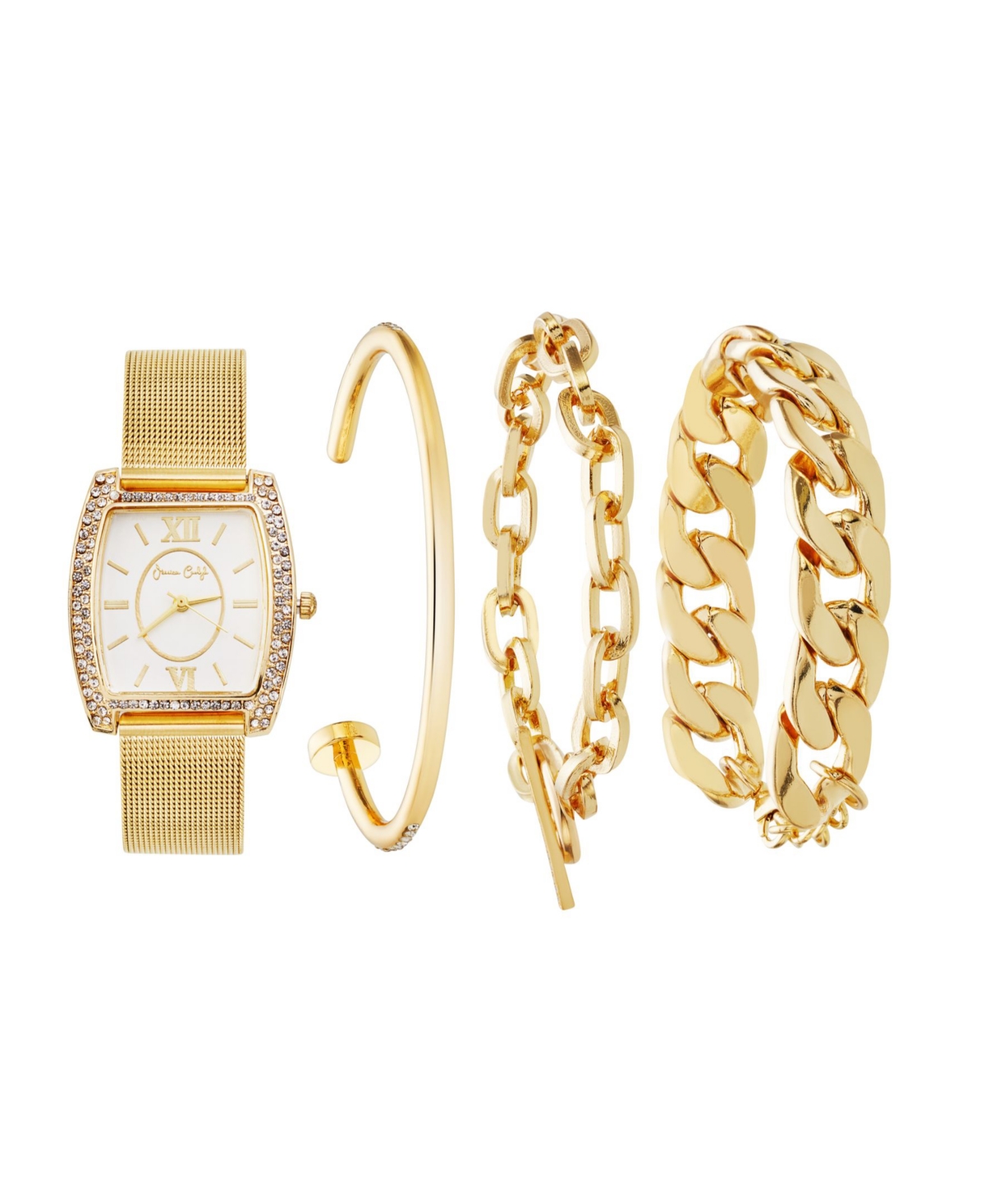 Jessica Carlyle Jessica Carlye Women's Quartz Movement Gold-Tone Mesh Bracelet Analog Watch, 29mm with Stackable Bracelet Set