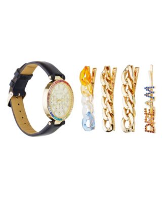 Jessica Carlye Women's Quartz Movement Black Leather Strap Analog Watch, 38mm with Hair Pin Set