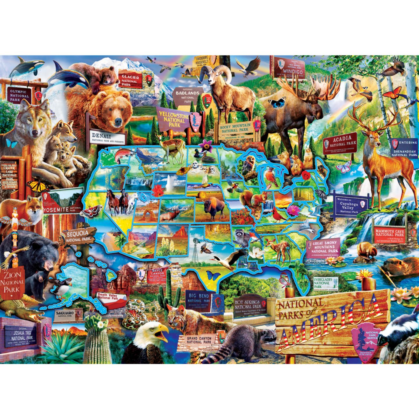 Детский пазл MasterPieces Puzzles USA Map of the National Parks 100-Piece Puzzle, Ages 6+, цвет: Разноцветный — фото 2