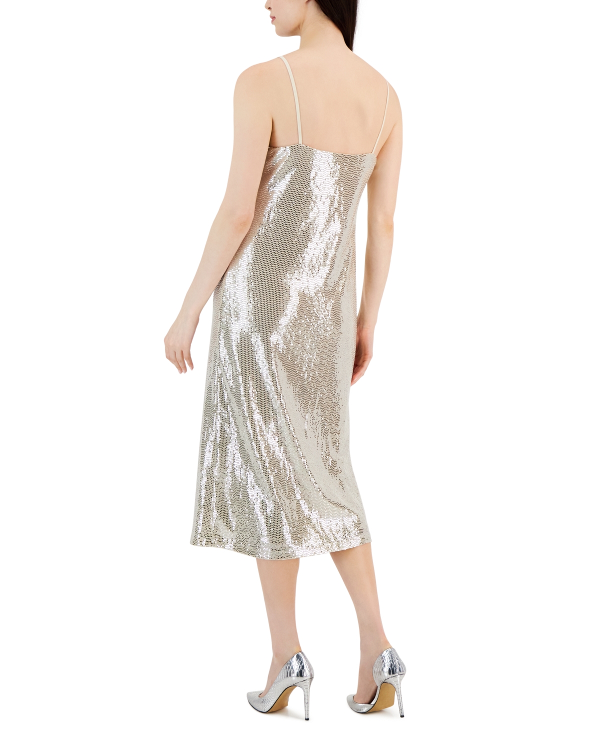 Shop Anne Klein Women's Sleeveless Stretch Sequin Midi Slip Dress In Lt Latte,silver