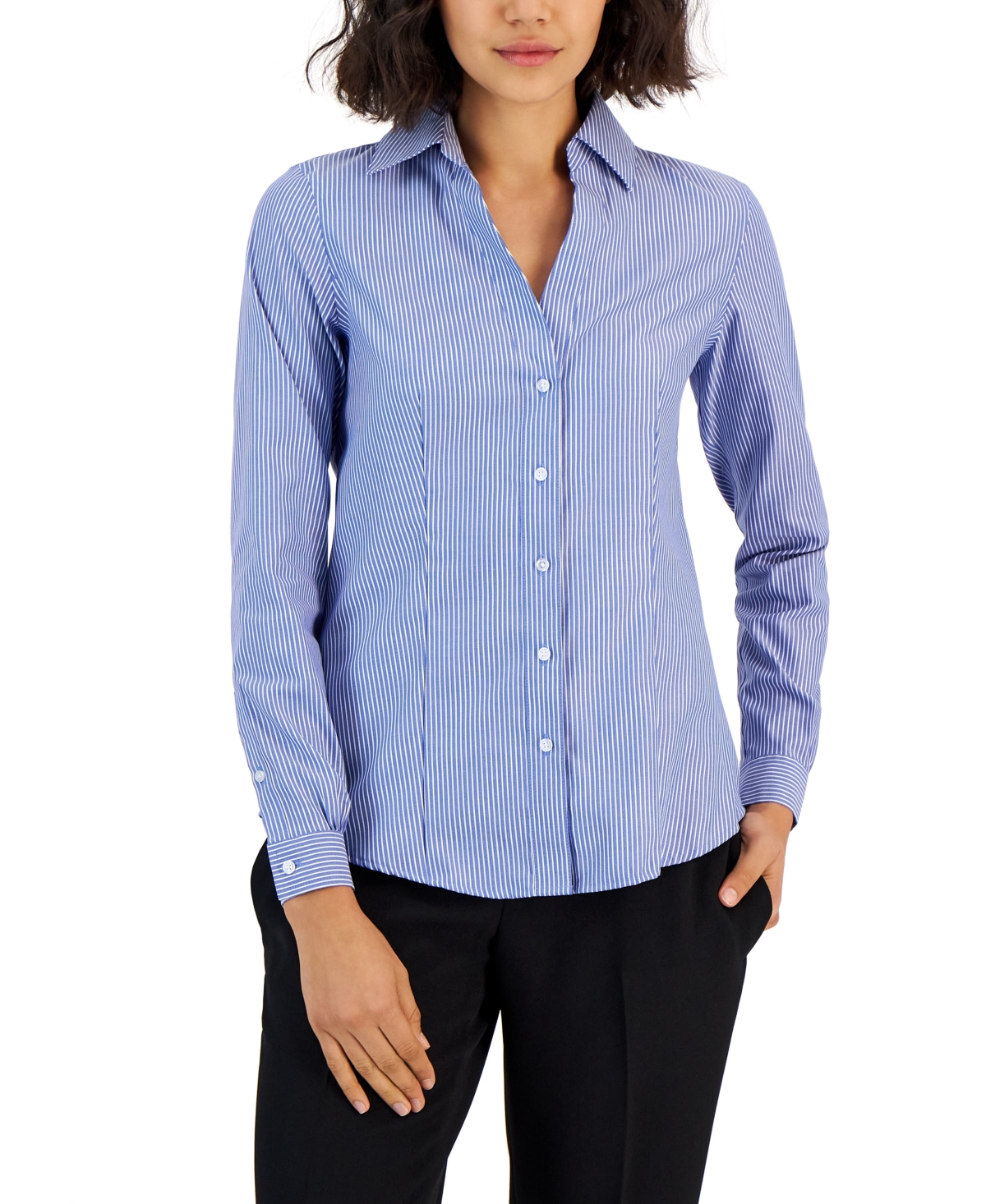 Women's Striped Easy Care Button Up Long Sleeve Blouse - Blue-White
