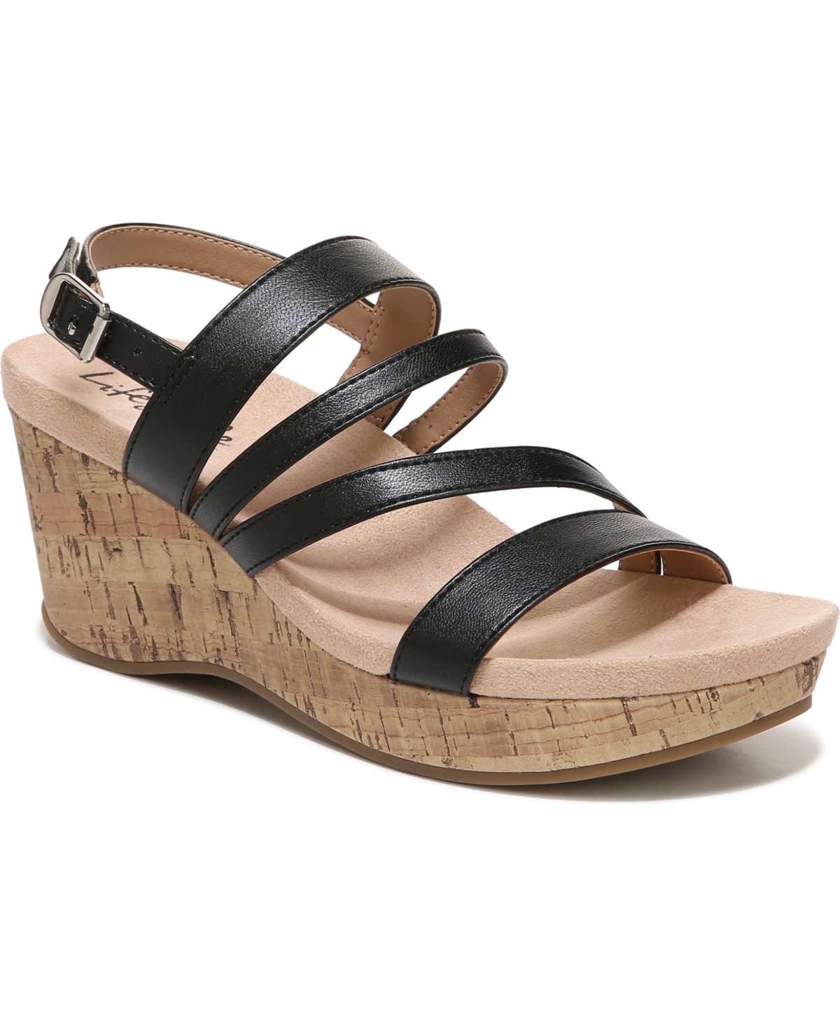Discover Strappy Wedge Sandals - Black Faux Leather