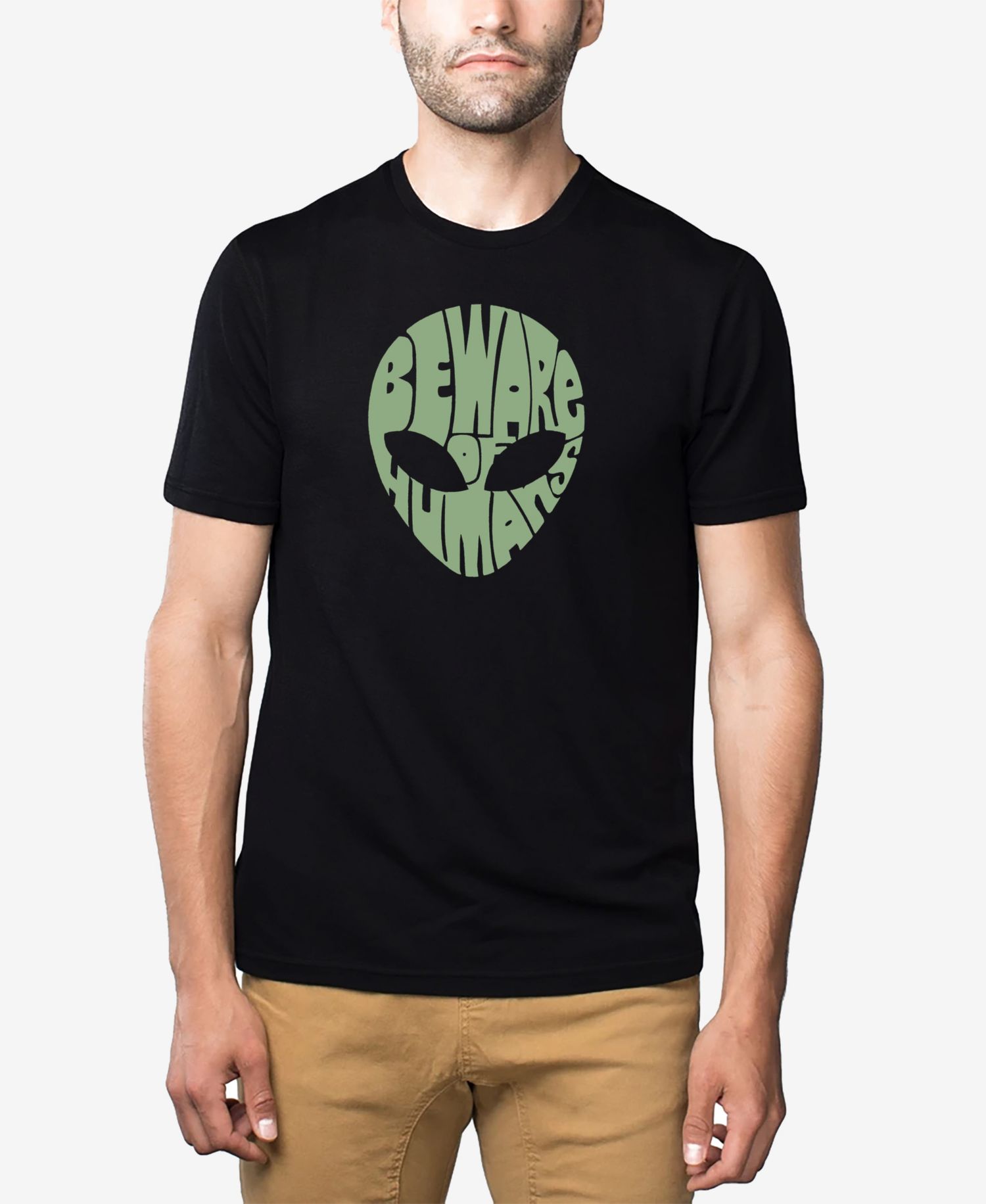 Men's Cotton/Poly Blend Word Art Beware Of Humans Alien T-shirt