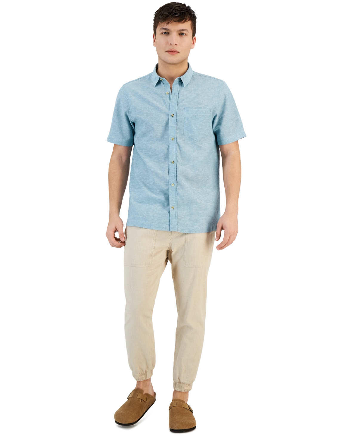 Sun + Stone Men's Blake Linen Chambray Short Sleeve Button-front Shirt, Created For Macy's In Aquatic