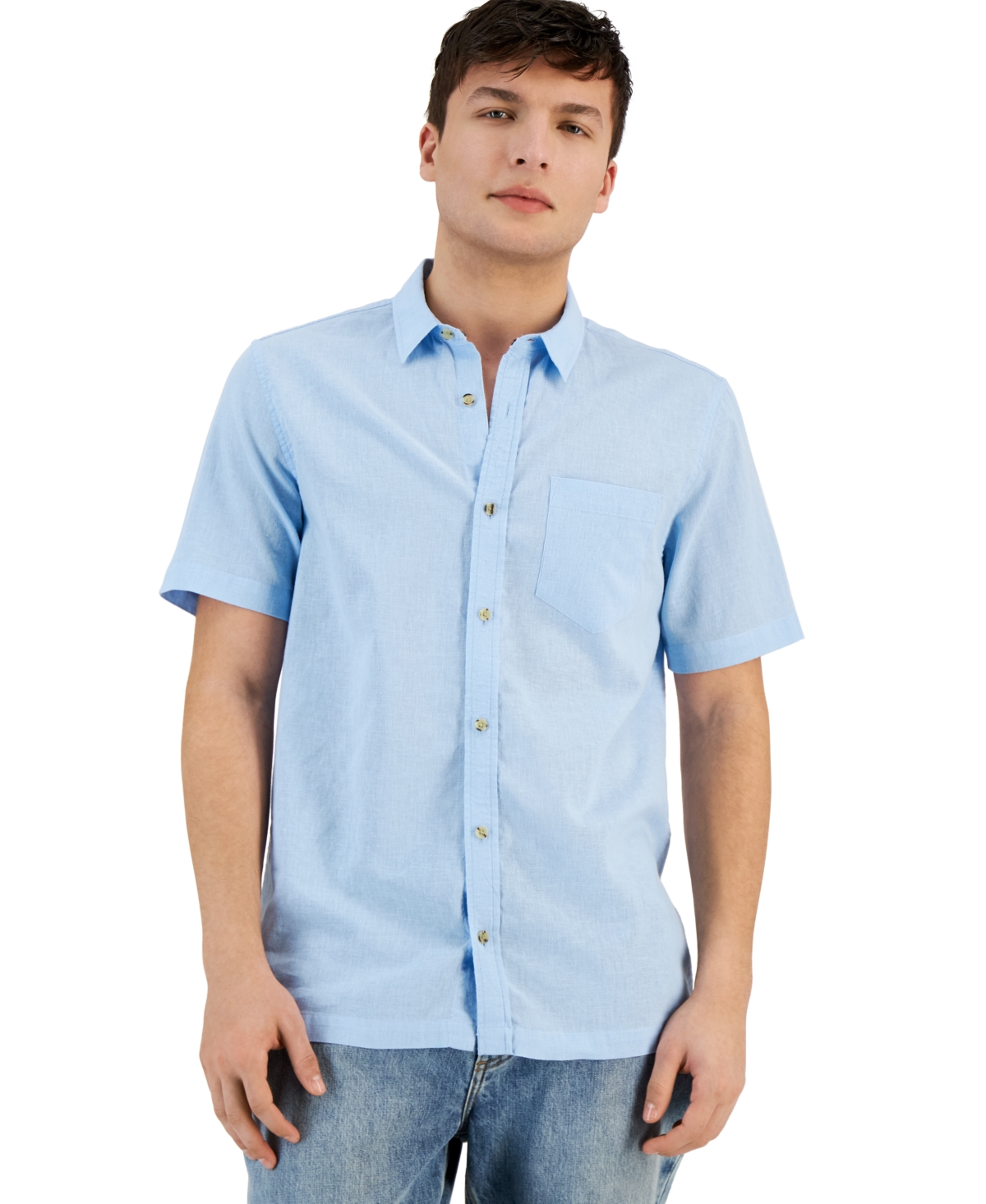 Shop Sun + Stone Men's Blake Linen Chambray Short Sleeve Button-front Shirt, Created For Macy's In Skysail Blue