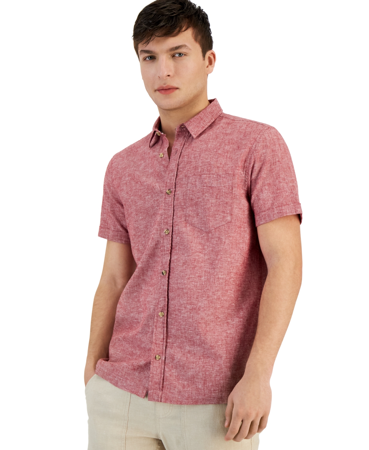 Sun + Stone Men's Blake Linen Chambray Short Sleeve Button-front Shirt, Created For Macy's In Worn Red