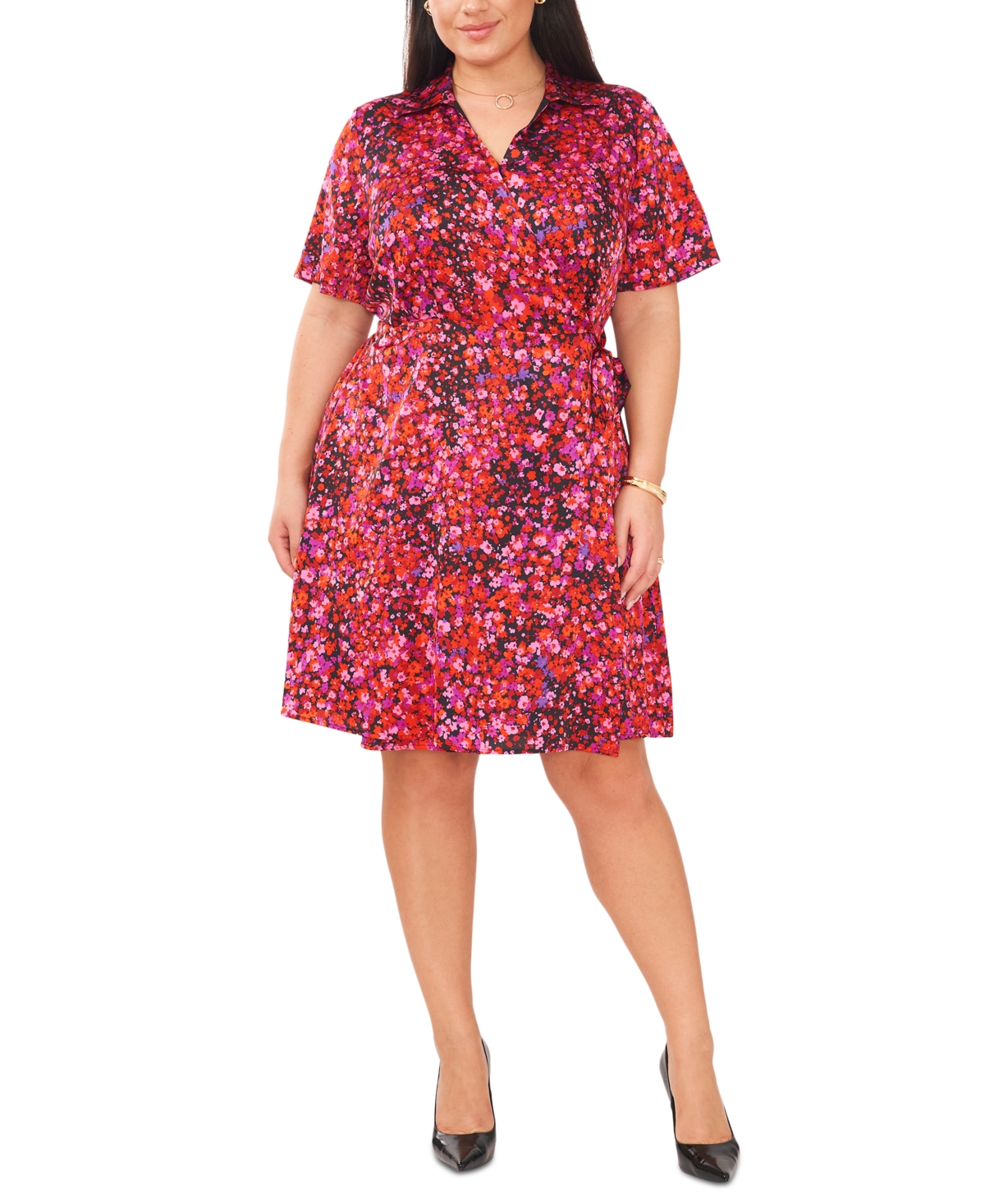 VINCE CAMUTO PLUS SIZE FLORAL COLLARED WRAP DRESS