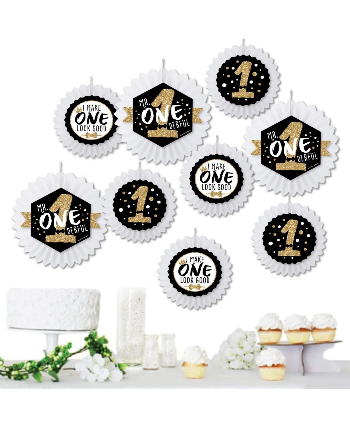 1st Birthday Little Mr. Onederful Hanging Party Tissue Decor Kit Paper Fans 9 Ct
