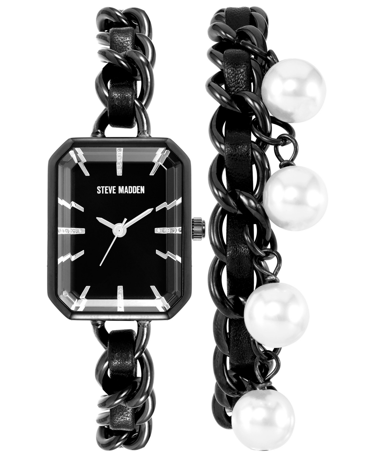 Women's Black Alloy Chain with Black Insert Bracelet Set Watch, 22mm - Black, Imitation Pearl