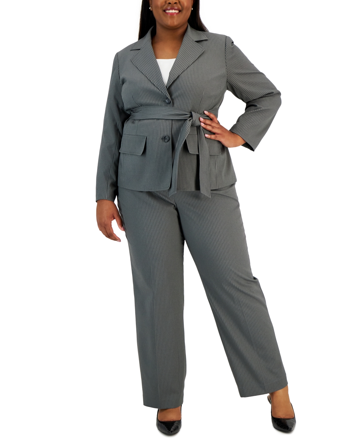 Le Suit Plus Size Belted Pinstripe Blazer & Pants In Gray