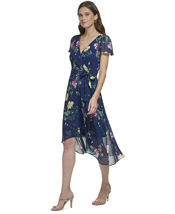DKNY Floral-Print Flutter-Sleeve Asymmetrical Faux-Wrap Dress - Macy's