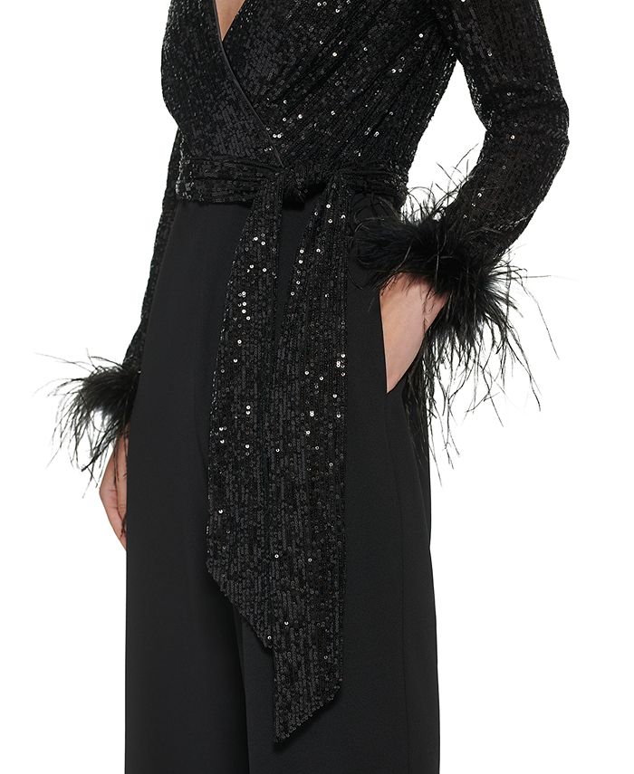 Eliza J Petite V Neck Faux Feather Cuff Combo Jumpsuit Macy s