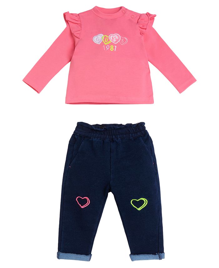 GUESS Baby Girls Embroidered T Shirt and Knit Denim Pants, 2 Piece Set ...
