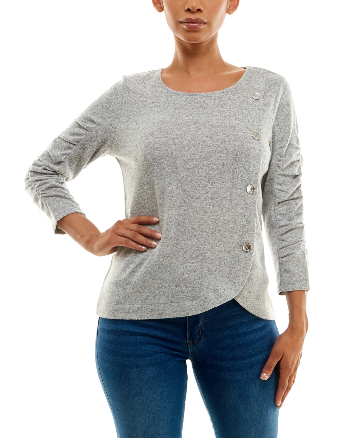 Adrienne Vittadini Women's 3/4 Ruched Sleeve Knit Top With Asymmetrical Wrap And Button Detail In Doe Heather
