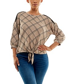 Women's 3/4 Sleeve Print Drop Shoulder Knit Top with Tie Front and Crochet Trim