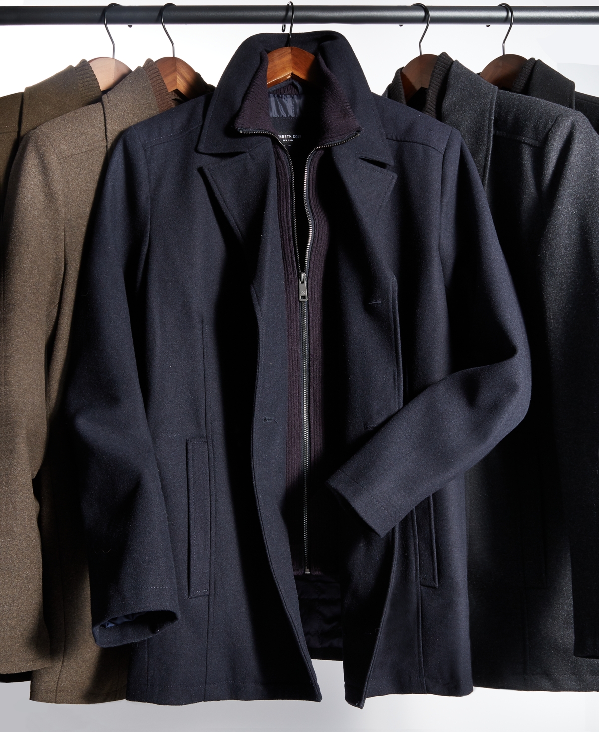 Kenneth Cole Men s Double Breasted Wool Blend Peacoat With Bib In Navy ModeSens