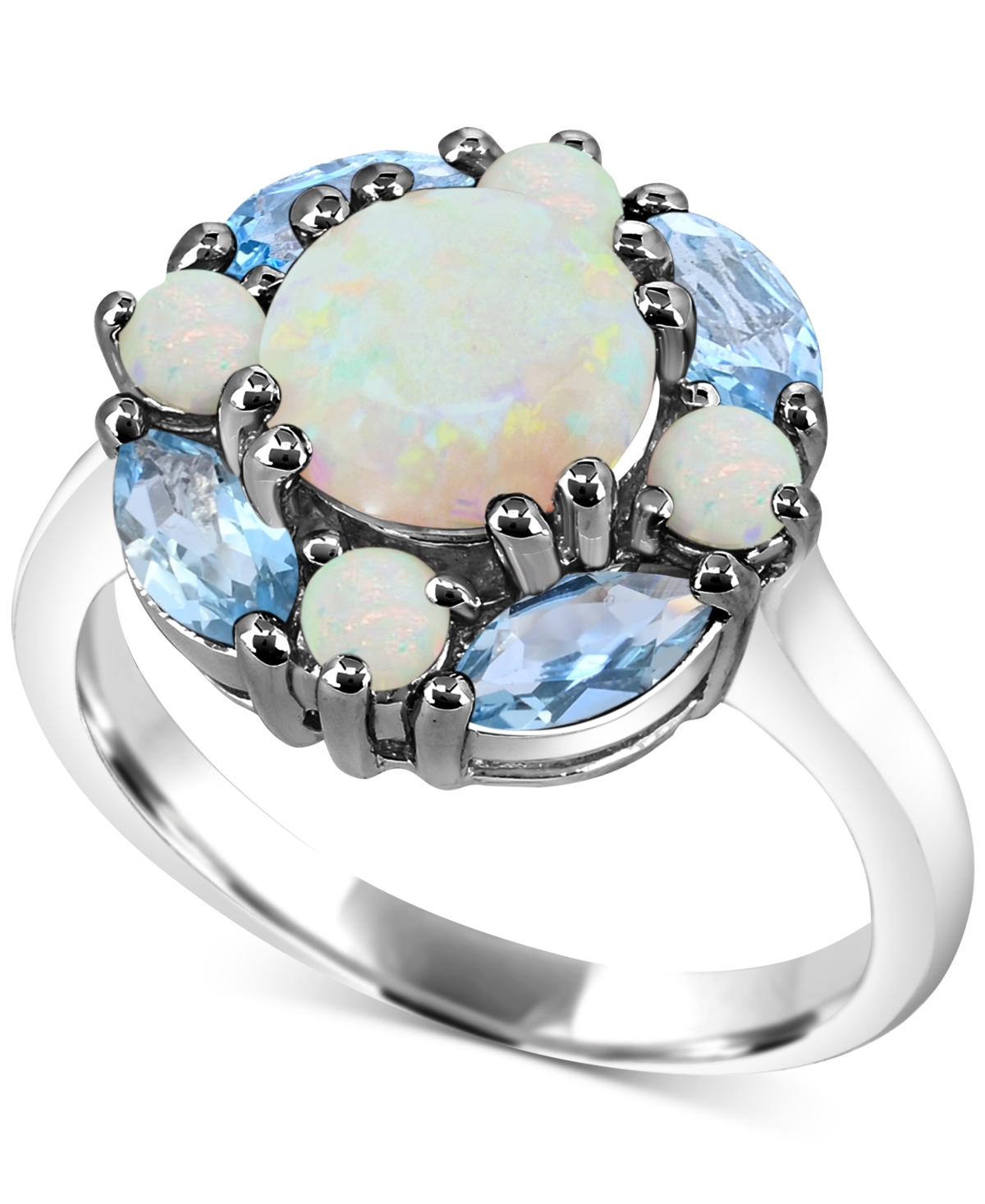 Macy's Lab-grown Opal (1-1/2 Ct. T.w.) & Swiss Blue Topaz (1-1/8 Ct. T.w.) Cluster Ring In Sterling Silver In Multi-gemstone