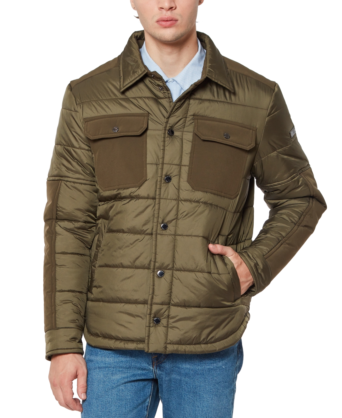 Vince Camuto Men's Mid Weight Quilt Mix Media Jacket In Olive