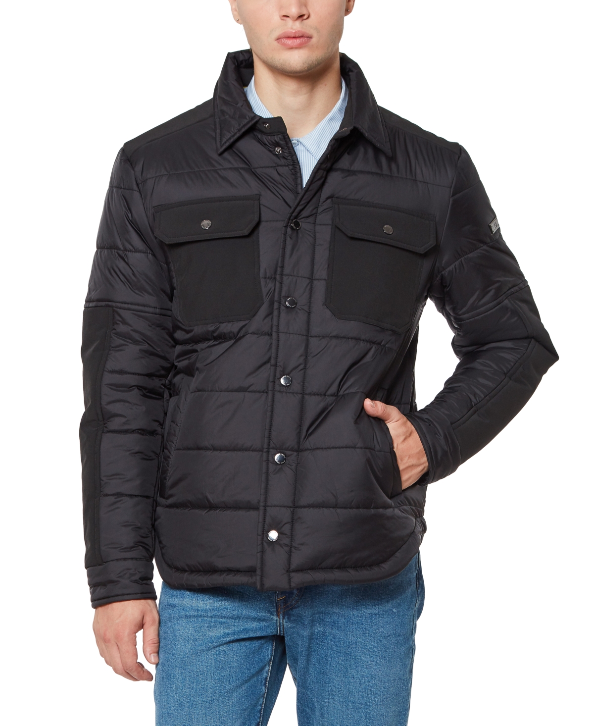 Shop Vince Camuto Men's Mid Weight Quilt Mix Media Jacket In Black