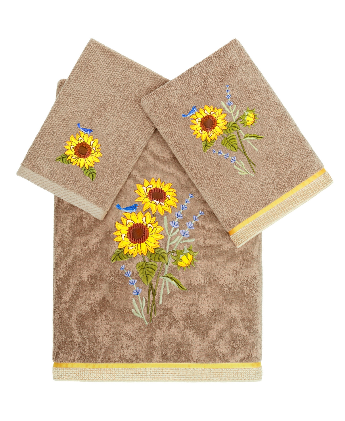 Linum Home Textiles Turkish Cotton Girasol Embellished Towel Set, 3 Piece In Cocoa