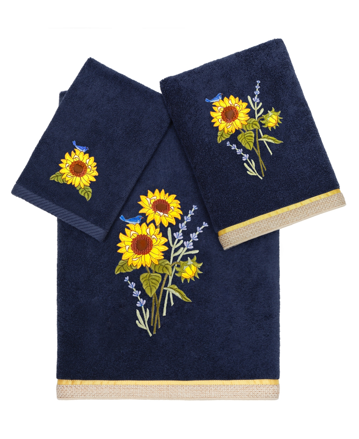 Linum Home Textiles Turkish Cotton Girasol Embellished Towel Set, 3 Piece In Marine