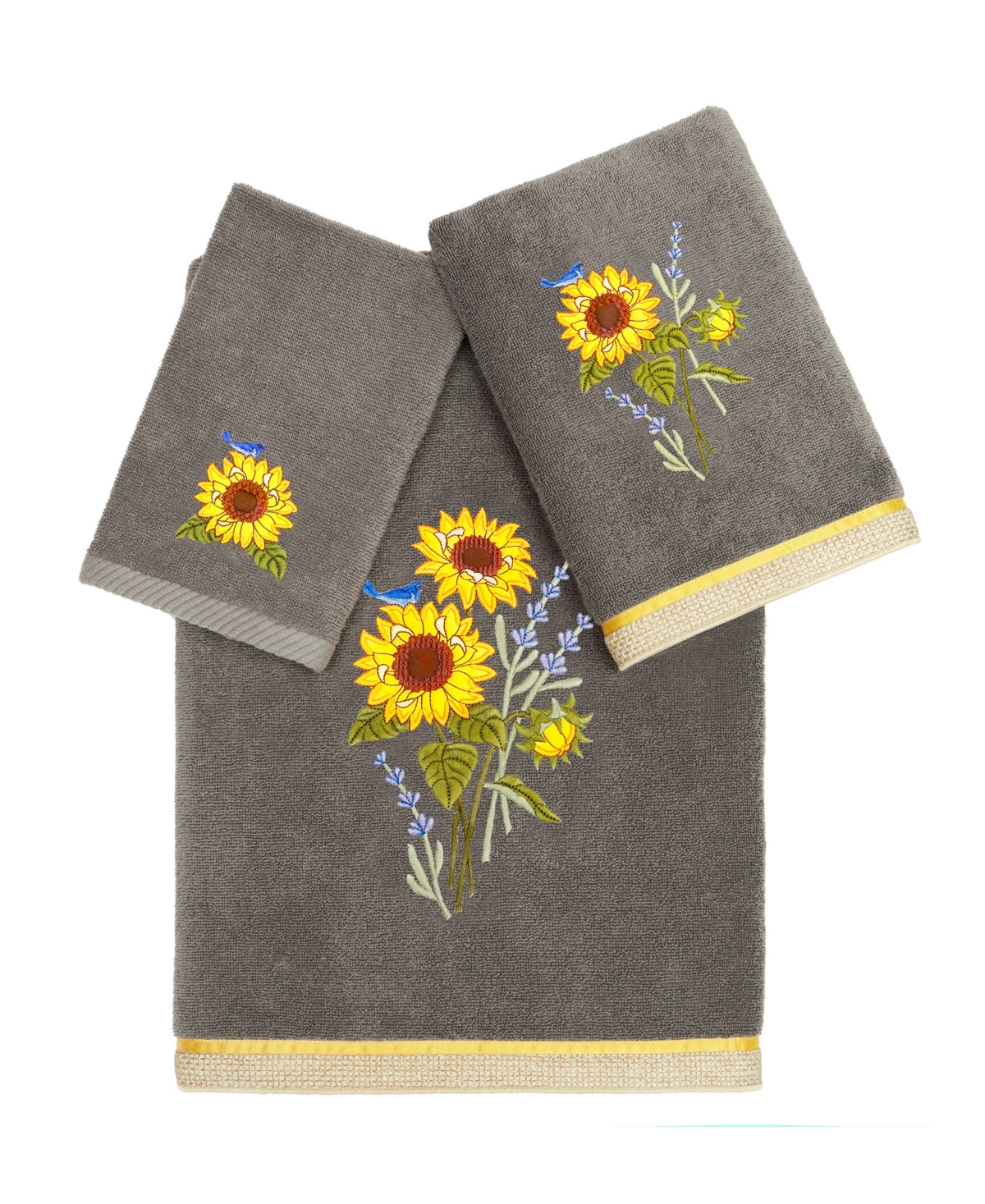 Linum Home Textiles Turkish Cotton Girasol Embellished Towel Set, 3 Piece Bedding In Charcoal
