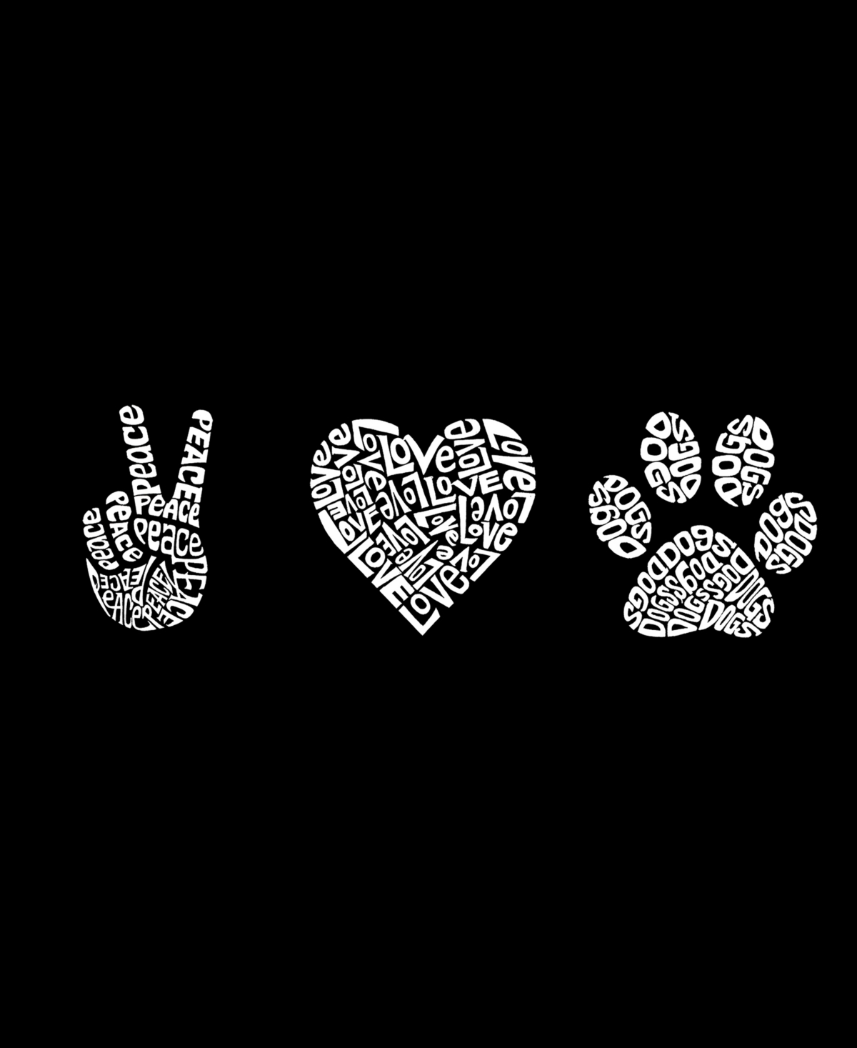 La Pop Art Women's Raglan Peace Love Dogs Word Art T-shirt - White