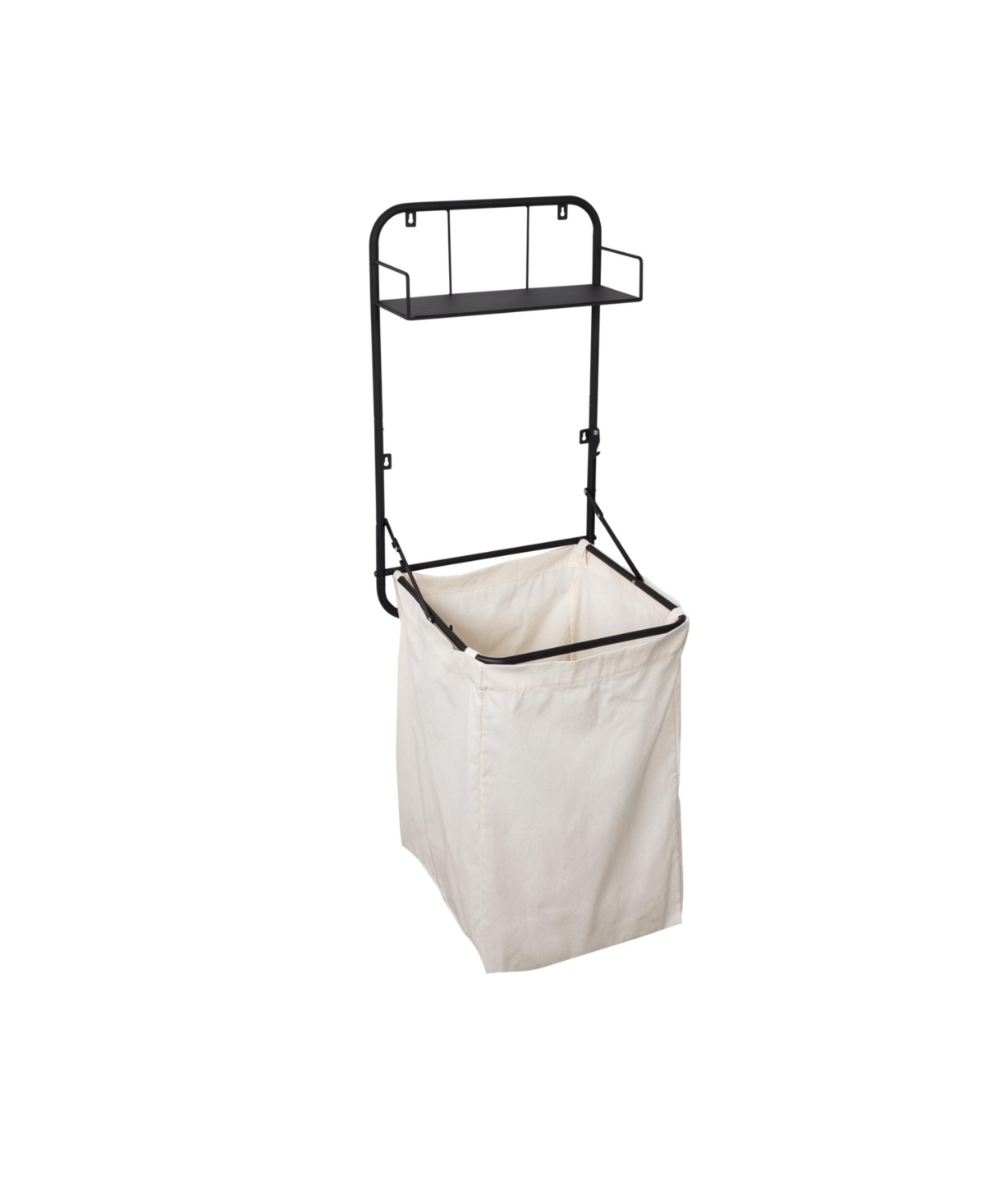 Collapsible Wall-Mounted Clothes Hamper with Canvas Bag and Laundry Shelf - Black