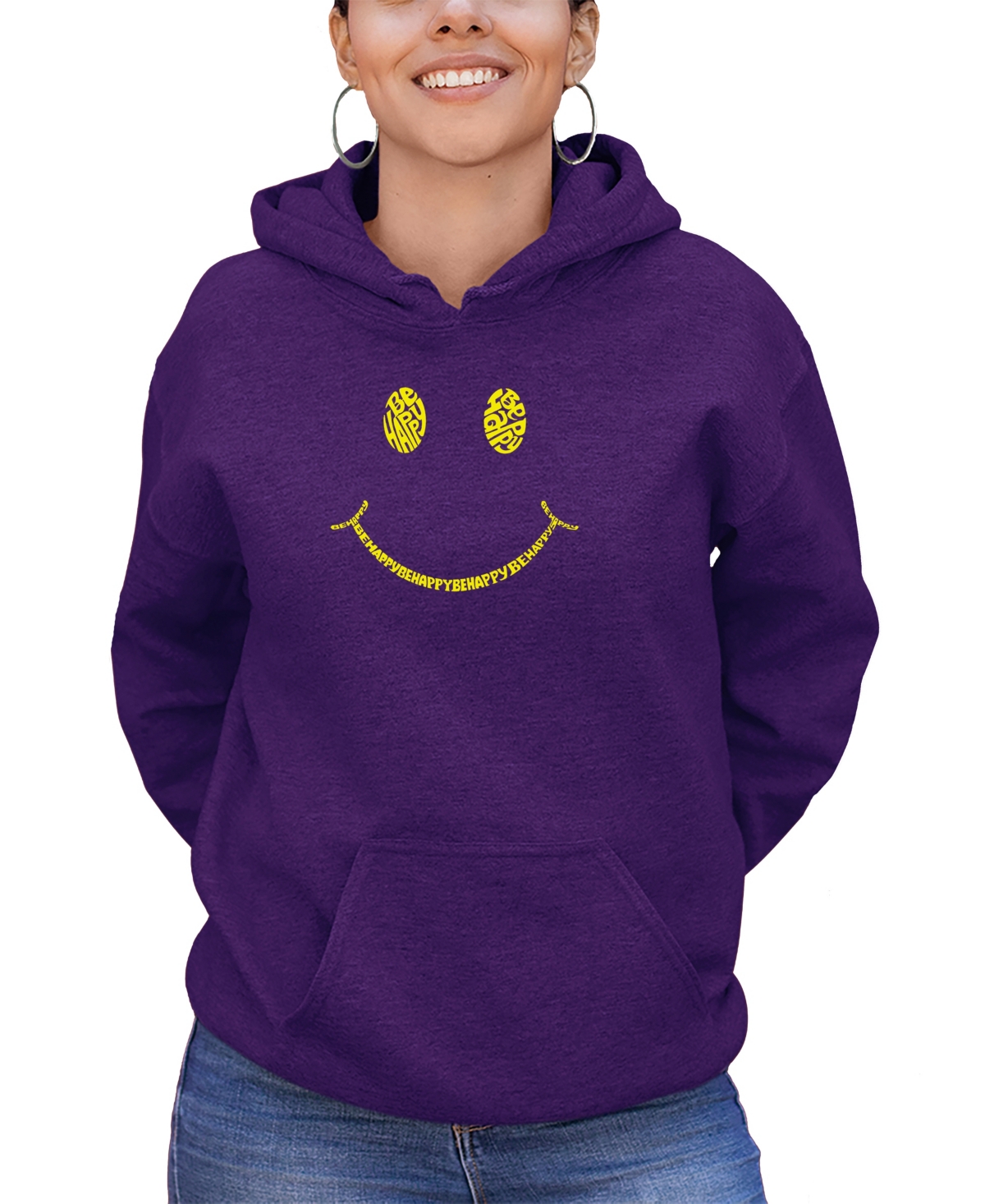 La Pop Art Women's Be Happy Smiley Face Word Art Hooded Sweatshirt